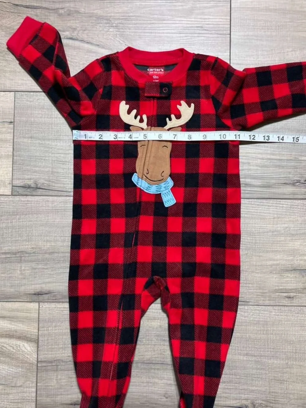 Carters Just One You Baby Boys Plaid Moose Fleece‎ Footed Pajama 12M Red Black